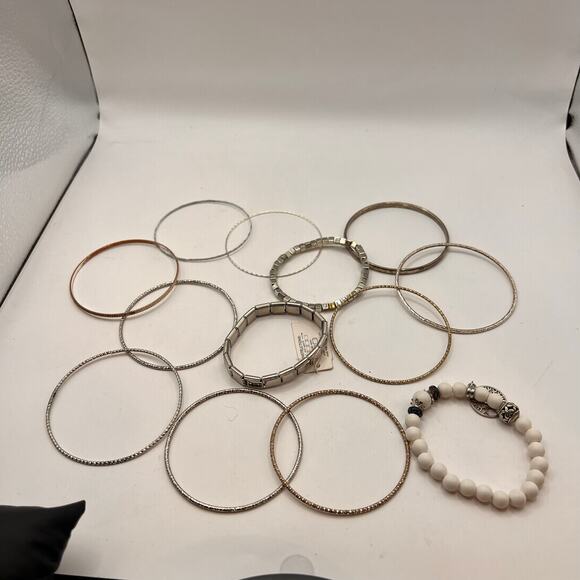Eclectic Bracelet Lot 13 Pc Set Silver Tone Bangles Cuffs Beaded Stacked Jewelry - Picture 7 of 7